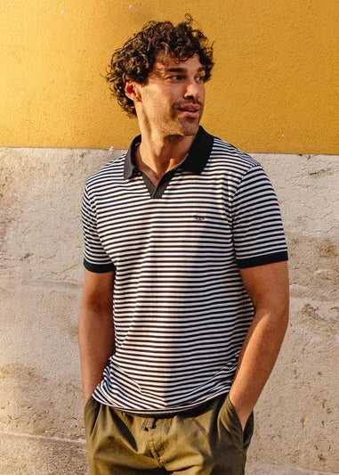 threadbare Navy Open Collar Striped Polo Shirt