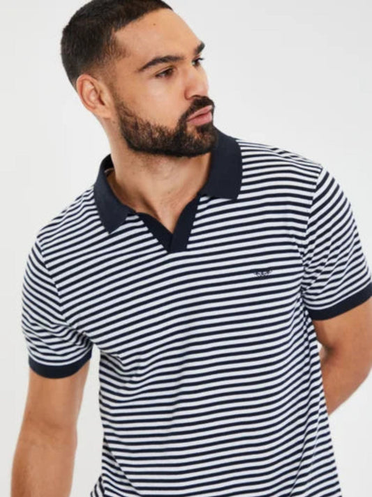threadbare Navy Open Collar Striped Polo Shirt